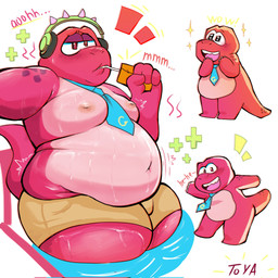 accessory belly big_belly blush bottomwear cellphone clothing drinking electronics male moobs navel necktie nipples open_mouth overweight overweight_male phone shorts smartphone solo thick_thighs toyaaaa_chub gameoverse glitch_productions gobbles_(gameoverse) dinosaur prehistoric_species reptile scalie 1:1 2026 hi_res