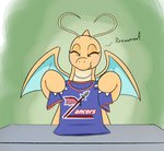 antennae_(anatomy) anthro blue_body blush claws clothing eyelashes eyes_closed fangs female holding_object multicolored_body orange_body shirt solo tan_body teeth text topwear wings heir-of-rick nintendo pokemon dragonite generation_1_pokemon pokemon_(species) reptile scalie english_text