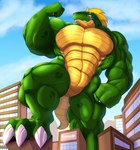 abs anthro big_biceps big_muscles big_pecs blonde_hair building building_destruction city cloud day destruction eye_scar facial_scar fangs featureless_crotch flexing flexing_bicep foot_on_object frill_(anatomy) green_body green_scales hair head_crest head_frill looking_at_self macro male muscular muscular_anthro muscular_arms muscular_male muscular_thighs outside pecs quads scales scar sky smile solo tail tailbutt teeth yellow_eyes yellow_underbelly koragos koragos_(character) lizardman scalie 2023 hi_res signature