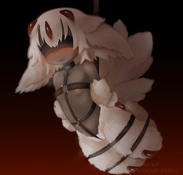 arms_tied aroused bdsm belt black_body blind blindfold bodily_fluids bondage bound breath disability female fur genital_fluids genitals hair hands_tied horn legs_tied multi_arm multi_limb multi_tail panting restraints solo tail teeth vaginal_fluids vulva white_body white_fur white_hair true_fossil_soul made_in_abyss faputa arthropod humanoid hybrid insect lepidopteran moth narehate hi_res