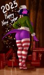 anthro big_breasts big_butt bottomless breasts butt clothed clothing female gift hair holidays legwear long_hair looking_at_viewer smile solo stockings tail thick_thighs kelkessel christmas mythology theodora_imperion dragon mythological_creature mythological_scalie scalie absurd_res hi_res