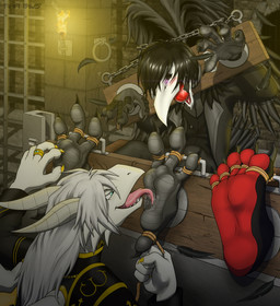 3_toes 4_toes 5_toes anisodactyl anthro avian_feet ball_gag barefoot bdsm bodily_fluids bondage bound chain chained clothed clothing collar countershade_feet countershading cuff_(restraint) dominant dominant_male dungeon fantasy feet foot_fetish foot_focus foot_lick foot_play fully_bound fully_clothed gag group humanoid_feet licking male male/male muzzle_(object) plantigrade prisoner restrained restraints rope saliva shackles sitting soles stocks submissive submissive_male tickle_torture tickling toe_restraints toes toes_tied tongue tongue_out foot-paws european_mythology mythology ansel_(ilovefeetandpaw) len_(ilovefeetandpaw) rajani_(ilovefeetandpaw) avian bird bovid caprine corvid corvus_(genus) crow demon dragon goat mammal mythological_creature mythological_scalie oscine passerine reptile scalie western_dragon absurd_res hi_res