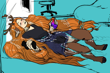 antlers bean_bag blush brown_body brown_fur chair clothed clothing controller dildo female floating freckled_face freckles fur furniture hair hooves horn light_body light_skin long_ears long_hair multicolored_body multicolored_fur open_mouth orange_eyes orange_hair sex_toy solo sweater topwear two_tone_body two_tone_fur water wet wet_body wet_clothing wet_hair zerospanda ophelia_(john_everett_millais) freya_agalith animal_humanoid deer deer_humanoid faun humanoid mammal mammal_humanoid 3:2 hi_res inspired_by_formal_art