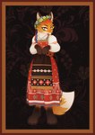 bagel bread clothing dress fangs female food looking_at_viewer pattern_background pattern_clothing simple_background slavic smile solo sundress teeth tongue tongue_out wreath dipfanken canid canine fox mammal absurd_res full-length_portrait hi_res portrait