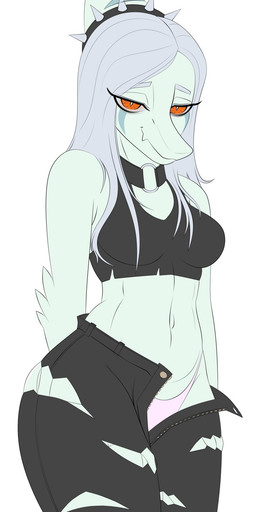 anthro biped black_bottomwear black_clothing black_crop_top black_pants black_shirt black_topwear blue_body bone_frill bottomwear breasts clothed clothed_anthro clothed_female clothing collar crop_top elbow_feathers exposed_panties female female_anthro frill_(anatomy) grey_hair hair long_hair looking_at_viewer markings medium_breasts midriff navel non-mammal_breasts non-mammal_navel open_bottomwear open_clothing open_pants orange_eyes panties pants pink_clothing pink_panties pink_underwear seductive shirt simple_background smile solo spiked_collar spikes standing striped_markings stripes topwear torn_bottomwear torn_clothing torn_pants underwear white_background louiss. goodbye_volcano_high ko_op_(game_developer) fang_(gvh) prehistoric_species pterosaur reptile scalie 2025 digital_media_(artwork) hi_res portrait spanish_description three-quarter_portrait