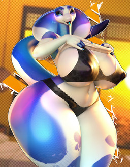 5_fingers anthro big_breasts big_tail black_clothing black_lingerie blue_body blue_nails blue_scales blue_tail bra breasts cleavage clothed clothing clothing_lift colored_nails curvy_figure detailed_background devil_horns_(gesture) female fingers gesture halftone_background hand_gesture heart_symbol hourglass_figure huge_breasts huge_hips huge_thighs humanoid_hands inside light lingerie living_tail looking_at_viewer midriff multicolored_body nails navel nipple_outline non-mammal_breasts one_eye_closed open_mouth outline panties partially_clothed_anthro partially_clothed_female pattern_background scales shirt shirt_lift shirt_up simple_background small_eyebrows snake_hood snake_tail solo sunlight tail teal_eyes teal_heart teal_tongue text thick_thighs tongue tongue_out topwear two_tone_body two_tone_tail under_boob underwear undressing_self unusual_anatomy unusual_tail voluptuous_anthro voluptuous_female white_body white_clothing white_outline white_scales white_shirt white_tail white_topwear wide_hipped_anthro wide_hipped_female wide_hips wink mechanicalstage nisha_(bluedingo) cobra reptile scalie snake 3d_(artwork) absurd_res artist_name digital_media_(artwork) halftone hi_res