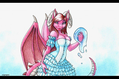 anthro ball_gown bedroom_eyes big_breasts blind bovid_horn breasts caprine_horn cleavage clothed clothing curled_horn disability dress female frilly horn lips long_tail magic magic_user medieval membrane_(anatomy) membranous_wings narrowed_eyes pink_body pink_scales princess ram_horn red_lips royalty scales seductive slim solo tail wings ewgengster mythology ruby_summerstone_(rubythepinkdragon) dragon mythological_creature mythological_scalie reptile scalie traditional_media_(artwork)
