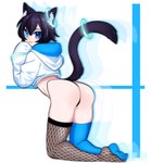 butt clothing female fishnet_clothing fishnet_legwear fishnet_thigh_highs glowstick_bracelet heterochromia hoodie legwear raised_tail solo tail thigh_highs topwear hexchu asian_mythology celtic_mythology east_asian_mythology european_mythology japanese_mythology mythology luci luci_(bakenecro) luci_ferin bakeneko cat-sith felid feline human mammal yokai hi_res