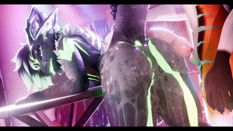anal anal_penetration animal_genitalia animal_penis anthro balls black_bars black_body black_fur blue_markings bodily_fluids canine_genitalia canine_penis cheek_tuft claws cum cum_drip cum_in_ass cum_inside cum_on_lower_body degradation degradation_kink degradation_text dripping duo ejaculation erection excessive_cum excessive_genital_fluids facial_tuft fur furniture genital_fluids genitals glowing glowing_markings green_markings hair humiliation inner_ear_fluff knot knotted_penis looking_at_viewer male male/male male_penetrated markings multicolored_body nude open_mouth orange_body orange_fur penetration penis presenting public public_humiliation public_sex public_use raised_tail sex table tail teeth tongue tuft white_body white_fur lill_esp abiboi_(modeler) lill_espion canid canine deuzear fox mammal rexouium 3d_(artwork) absurd_res blender_(artwork) digital_media_(artwork) hi_res letterbox