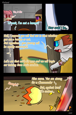 anthro badge book cloth dialogue fantasy fire freckled_face freckles melee_weapon semi-anthro speech_bubble sword text weapon vinland nintendo pokemon pokemon_mystery_dungeon spike_chunsoft anders_(infinitydoom) ano_(vinland) brixen_(vinland) sebastian_(infinitydoom) audino braixen charmander generation_1_pokemon generation_5_pokemon generation_6_pokemon oshawott pokemon_(species) 2:3 absurd_res comic cover_art english_text hi_res story