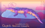 2022 ambiguous_gender american_crocodile cloud crocodile crocodilian digital_media_(artwork) digital_painting_(artwork) english_text eyes_closed feral full-length_portrait gradient_background handwritten_text hi_res jaspering lying on_cloud on_front pictographics portrait purple_body purple_scales reptile scales scalie shaded simple_background sleeping snout solo sound_effects species_name tail teeth text thought_bubble vowelless vowelless_sound_effect yellow_body yellow_scales yellow_text zzz