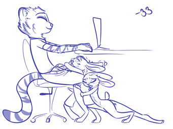 animal_genitalia anthro bodily_fluids clothed clothing cum desk ejaculation erection female fur furniture genital_fluids genitals group group_sex hair interspecies larger_anthro male male/female male/male nude open_mouth penis predator/prey sex simple_background size_difference smaller_anthro stripes table tongue under_table white_background bb disney smiles_(bb) domestic_cat felid feline felis lagomorph leporid mammal pantherine rabbit tiger 2016 4:3 blue_and_white blue_theme monochrome