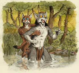 anthro black_nose blood blue_sclera bodily_fluids bottomwear carrying_another cheek_tuft claws clothing crop_top dipstick_tail duo ear_piercing ear_ring ear_tuft facial_tuft finger_claws forest fur grey_body grey_fur loincloth looking_down looking_forward male markings motion_lines muscular muscular_male open_mouth orange_sclera outside partially_submerged pawpads piercing piggyback pink_nose plant ring_piercing scratches shirt splash spots spotted_body spotted_fur standing standing_in_water tail tail_markings teeth toe_claws tongue topwear tree tuft water white_body white_fur wide_eyed wounded 0laffson blue_(hunterbeinghunted) shadow_(hunterbeinghunted) canid canine canis felid feline lynx mammal wolf 2018 hi_res painting_(artwork) signature traditional_media_(artwork) traditional_painting_(artwork) traditional_watercolor_(artwork) watercolor_(artwork)