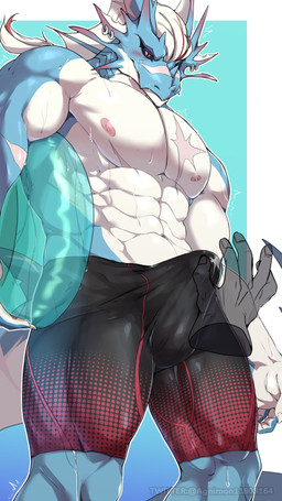 abs anthro blue_body blue_scales blush bodily_fluids bottomwear clothed clothing disembodied_hand duo erection erection_under_clothing genital_fluids hair inflatable inner_tube male muscular muscular_anthro muscular_male pecs pool_float precum precum_through_clothing scales shorts swimwear tail wet wet_clothing white_hair agnimon11803164 lifewonders live_a_hero mythology hydoor dragon mythological_creature mythological_scalie scalie 9:16 hi_res