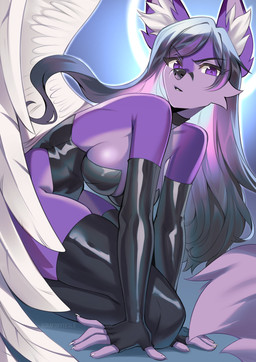 anthro biped breasts claws clothed clothed_anthro clothed_female clothing feathers female fingers front_view hair kneeling looking_at_viewer solo tail wings sorafoxyteils canid canine fox mammal 2026 digital_drawing_(artwork) digital_media_(artwork) hi_res