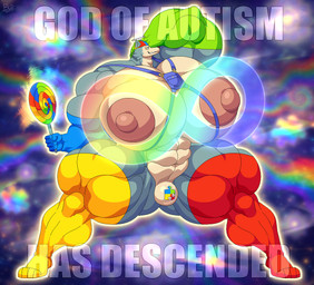 abs anthro armwear autism autism_symbol big_muscles big_pecs candy clothing cosmic_background dessert food fur green_body green_fur hat headgear headwear huge_muscles huge_pecs hyper hyper_muscles hyper_pecs hypnotic_eyes infinity_symbol latex latex_armwear latex_clothing latex_legwear legwear lock_symbol lollipop male multicolored_eyes muscular muscular_anthro muscular_arms muscular_male muscular_thighs nipples pecs pose puzzle_piece rainbow_colors rainbow_eyes solo space space_background symbol text bobthetanuki beastars legoshi_(beastars) canid canine canis mammal wolf hi_res meme