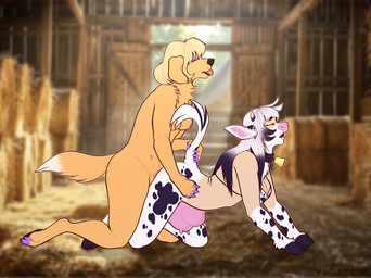 alternate_species animal_print anthro barn breasts cow_print cowbell cowbell_collar doggystyle duo female from_behind_position fur fur_growth growth gynomorph hair hooves hucow intersex intersex/female nipples nude open_mouth photo_background raised_tail sex side_view snout snout_growth species_transformation tail tail_grab tail_tuft teats tongue tongue_out transformation tuft udders white_hair wereren bird_dog bovid bovine canid canine canis cattle domestic_dog golden_retriever human hunting_dog mammal retriever 2026 digital_media_(artwork) hi_res mixed_media photography_(artwork) herm_(lore)