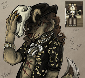 anthro bone bone_mask clock clothing facial_scar female golden_claws hat headgear headwear jewelry mask mask_off muscular muscular_female necklace neckwear scar screencap skull skull_mask solo watch yellow_eyes deidad_dissitum roblox garra_dorada bird_dog canid canine canis domestic_dog golden_retriever hunting_dog mammal retriever robloxian 2025 hi_res