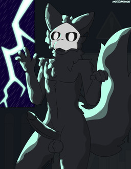 4_fingers anthro balls black_body black_fur book bookshelf electricity erection fangs fingers foreskin fur furniture genitals holidays inside latex lightning looking_at_viewer male mask nude penis raining solo tail teeth window anicecubedwolf changed_(video_game) halloween puro_(changed) canid canine canis goo_creature mammal wolf digital_media_(artwork) hi_res