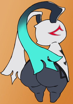 ambiguous_gender anthro big_butt butt clothed clothing gluteal_fold huge_butt long_ears orange_background pantsless pear-shaped_figure rear_view simple_background solo thick_thighs wide_hips unsureumbra