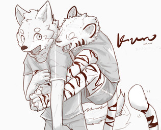 4_toes 5_fingers anthro barefoot biped bottomwear carrying_another claws clothed clothed_anthro clothed_male clothing duo eyebrows eyes_closed fangs feet fingers front_view fully_clothed fully_clothed_anthro fully_clothed_male grey_background inner_ear_fluff looking_at_another male markings open_mouth open_smile piggyback plantigrade pupils shirt shorts simple_background sleeveless_shirt smile snout striped_arms striped_legs striped_markings striped_tail stripes tail tail_markings tail_motion tailwag teeth text toe_claws toes tongue_showing topwear tuft kuromonsart canid felid mammal pantherine tiger 2022 artist_name dated digital_drawing_(artwork) digital_media_(artwork) english_text greyscale half-length_portrait hi_res monochrome portrait