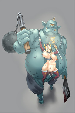 abdominal_bulge accessory armwear balls belly_riding big_breasts blonde_hair bodily_fluids bound breasts chain clothing cock_ring crying duo elbow_gloves erection fannypacking female female_penetrated genitals gloves hair handwear horn huge_breasts huge_penetration humanoid_pointy_ears jewelry larger_male leashed_to_penis legwear living_condom male male/female male_penetrating male_penetrating_female melee_weapon mostly_nude nipple_piercing nipples not_furry nude overweight penetration penile penile_penetration penis penis_accessory penis_in_vagina penis_jewelry penis_shaped_bulge piercing pointy_ears restrained sex size_difference smaller_female smaller_penetrated staff tears thigh_highs vaginal vaginal_penetration weapon yellow_eyes yakou asian_mythology east_asian_mythology japanese_mythology mythology cyclops demon elf humanoid oni yokai hi_res