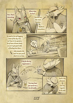 5_fingers anthro bartender beverage biped cloak clothing coin dialogue duo fingers fur hand_spike inside male open_mouth orange_eyes page_number red_eyes sitting spikes spikes_(anatomy) tail text yellow_sclera truescorn nintendo pokemon pokemon_mystery_dungeon spike_chunsoft asche_(truescorn) cubone generation_1_pokemon generation_2_pokemon generation_4_pokemon generation_7_pokemon lucario passimian pokemon_(species) quilava 2026 comic english_text hi_res