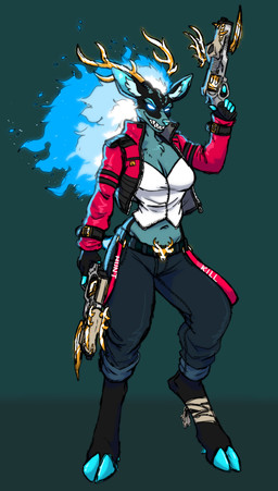 anthro antlers blue_hair clothing digitigrade dual_wielding female fire flaming_hair glowing glowing_eyes gold_(metal) grin gun hair handcannon holding_object holding_weapon hooves horn jacket pseudo_hair ranged_weapon sharp_teeth simple_background smile solo stylish teeth topwear weapon zimakum deer mammal absurd_res colored_sketch hi_res sketch
