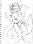 anthro big_ears breasts featureless_breasts featureless_crotch female fluffy fluffy_tail fur glamfur hair horn long_tail looking_at_viewer nude open_mouth simple_background solo tail tongue tongue_out white_background kitsubaka langurhali monster black_and_white monochrome source_request