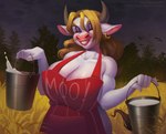 anthro apron apron_only big_breasts blonde_hair breasts cleavage clothed clothing ear_piercing ear_ring eyeshadow female fur hair horn lips lipstick makeup milk milk_pail piercing pink_nose purple_eyeshadow red_lips red_lipstick ring_piercing solo white_body white_fur lilychaos lucinda_bullworth_jackson bovid bovine cattle mammal