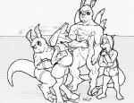 2009 anthro bandai_namco belly belly_inflation biceps black_and_white canid canine clothing comic crossover digimon dragon dragoneer_(character) drakemohkami fakemon fan_character fur generation_4_pokemon group hair horn inflation lucario male mammal monochrome murasadramon muscular mythological_creature mythological_scalie mythology nintendo pecs pokemon pokemon_(species) scalie tail