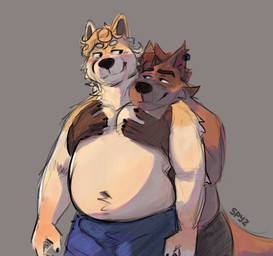 5_fingers anthro belly bulge chest_grab clothed clothing detailed_bulge duo erection erection_under_clothing eyebrows fingers genital_outline hug hugging_another hugging_from_behind male male/male male_anthro moob_grab moobs navel overweight overweight_male penis_outline piercing simple_background slightly_chubby smile smiling_at_another squeezing standing topless topless_anthro topless_male spyz_(artist) spyz_(character) suli_(cactiaficionado) can_de_palleiro canid canine mammal 2026 shaded soft_shading watermark