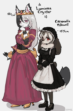 anthro clothing crown dress duo ears_down female fluffy fluffy_tail grey_ears grey_hair grey_tail hair headgear maid_uniform multicolored_hair pink_inner_ear pivoted_ears red_clothing red_dress red_eyes simple_background tail text two_tone_hair uniform white_background white_hair monyauwu lagomorph leporid mammal rabbit 2026 absurd_res english_text hi_res watermark