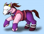 alternate_species blue_background clothed clothing female feral hair knife mask ninja pink_body pink_clothing ponification ponytail pre-g4 simple_background solo warrior suzidragonlady hasbro my_little_pony tekken kunimitsu equid equine horse mammal pony