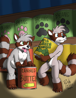 anthro butter can canned_food container dairy_products duo exhausted food holding_object looking_back male shelf spotlight stealing supermarket tongue tongue_out crazy_simone rick_griffin third-party_edit housepets! falstaff_(housepets!) truck_(housepets!) mammal procyonid raccoon absurd_res hi_res