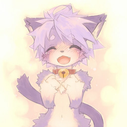 ahoge anthro bell bell_collar blush blush_lines bodily_fluids cheek_tuft collar crying cute_fangs eyes_closed facial_tuft fangs female front_view gloves_(marking) gradient_background hair happy kemono markings navel nude open_mouth open_smile purple_hair raised_arms short_hair simple_background smile standing tail tears tears_of_joy teeth tuft young young_anthro cotora mao_(cotora) domestic_cat felid feline felis mammal 1:1 half-length_portrait portrait