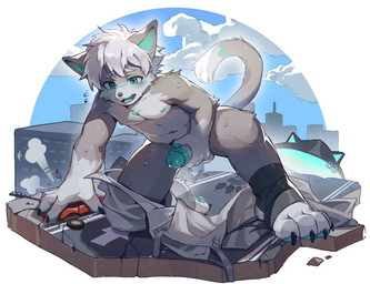 anthro bodily_fluids bottomwear bottomwear_down city clothed clothing embarrassed foreskin genitals glans green_glans grey_body grey_hair hair kemono kneeling macro male nude on_one_knee open_mouth pants pants_down partially_clothed partially_retracted_foreskin penis penis_grab solo stirrup_footwear sweat qingbai domestic_cat felid feline felis mammal