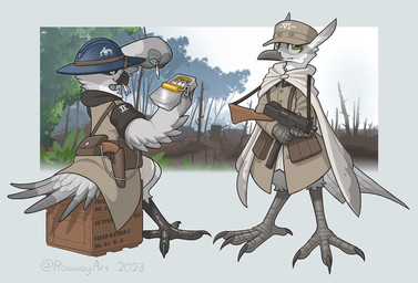 ambiguous_gender anthro armor brodie_helmet canned_food claws clothing duo gun handgun hat headgear headwear helmet looking_at_viewer pistol ranged_weapon ration sitting smile standing submachine_gun uniform uzi weapon roawayart ave_(roawayart) aquatic avian fish 2023 hi_res
