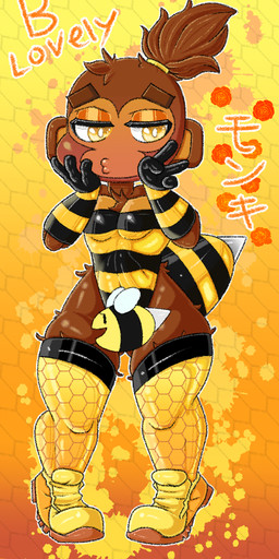 anthro armwear bee_costume clothing convenient_censorship eyeshadow femboy food footwear fur gesture hair hand_gesture hexagon honey_(food) katakana legwear leotard makeup male navel_outline pattern_clothing shoes solo stinger stockings striped_clothing stripes tail thigh_highs tied_hair v_sign flowersunink bloons_tower_defense ninja_kiwi dart_monkey_(bloons) haplorhine mammal monkey primate
