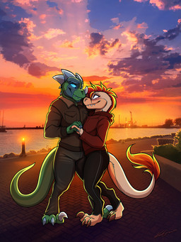 anthro biped blue_eyes blue_horn blue_sclera blue_teeth claws clothed clothing duo female green_body green_tail hair hand_holding horn male red_hair smile sunset tail teeth toe_claws kabscorner genesis_(kabscorner) vergence dinosaur prehistoric_species reptile scalie 2022 3:4 absurd_res colored hi_res signature