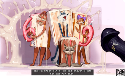anthro cake cake_costume clothing costume dessert female food food_costume group magnetus disney dreamworks illumination_entertainment kung_fu_panda robin_hood_(disney) sing_(movie) the_bad_guys diane_foxington maid_marian porsha_crystal zhen_(kung_fu_panda) canid canine canis fox mammal wolf absurd_res hi_res