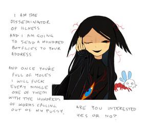 ambiguous_gender ambiguous_humanoid black_body black_ears black_hair blue_eyes chest_eye cross-eyed duo hair hand_on_own_cheek long_hair one_eye_closed open_mouth open_smile orange_sclera profanity question red_sclera simple_background smile tan_body tan_skin text vein white_background yes-no_question jejejunum pest_(jejejunum) animal_humanoid arthropod humanoid nethermare proto-nethermare 2026 digital_media_(artwork) english_description english_text firealpaca_(artwork) hi_res male_(lore)