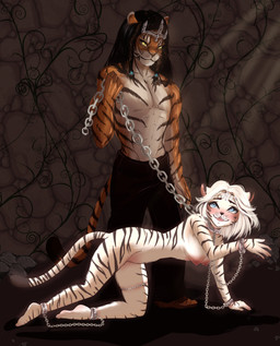 ankle_cuffs ankles_tied anthro bdsm black_hair black_stripes blue_eyes bondage bound breasts chain chain_around_leg chain_leash chained circlet clothed clothed/nude clothed_male clothing collar crawling cuff_(restraint) cuffs_to_collar dipstick_ears dipstick_tail dominant dominant_male duo ear_markings eyebrows eyelashes female female_anthro fur hair leash male male/female markings multicolored_ears nipples nude nude_anthro nude_female orange_body orange_fur petplay restraints roleplay stripes submissive submissive_female tail tail_markings topless topless_anthro topless_male white_body white_fur white_hair wrist_cuffs yellow_eyes naomi_snayder felid feline mammal absurd_res hi_res