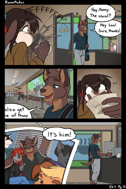 anthro bottomwear clothed clothing dialogue female fur hair holding_object male speech_bubble tail text thought_bubble topwear black-kitten ken_(black-kitten) maya_(black-kitten) canid canine canis domestic_dog hybrid lagomorph leporid mammal rabbit 2:3 colored comic digital_drawing_(artwork) digital_media_(artwork) english_text hi_res