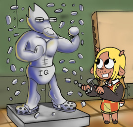 anthro blonde_hair brown_body buckteeth clothed clothing female hair sculpture statue teeth iluvrabbitz deltarune nickelodeon spongebob_squarepants undertale_(series) berdly noelle_holiday avian bird deer mammal new_world_deer reindeer absurd_res hi_res
