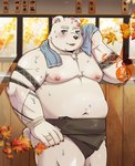 anthro asian_clothing autumn belly big_belly blush clothing detailed_background east_asian_clothing japanese_clothing kemono male mawashi moobs navel nipples overweight overweight_male solo torn_clothing towel white_body shibaxiao bear mammal polar_bear ursine 2024 hi_res