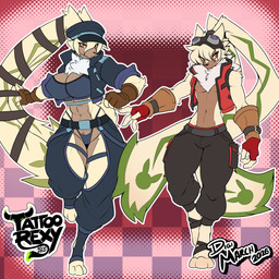 abs anthro athletic athletic_anthro athletic_female athletic_male bottomwear bulge camel_toe clothing crop_top crotchless_clothing duo eyewear female fluffy fluffy_chest fur gloves goggles handwear long_ears male navel panties pants ponytail_ears shirt topwear underwear vest yellow_body yellow_fur tattoorexy bandai_namco digimon digimon_(species) symbareangoramon