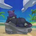 anthro beach biped black_body black_fur butt clothing cloud detailed_background female fur hood lying mostly_nude multicolored_body multicolored_fur on_rock on_side pawpads plant purple_body purple_fur rear_view rock solo tree pulred epic_games fortnite raven_team_leader bear mammal hi_res