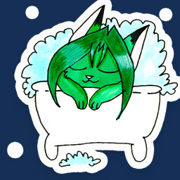 bath bathing bubble cat_smile eyes_closed green_body green_hair hair male solo sticker selinatc telegram azimoert canid canine fox mammal 1:1 alpha_channel traditional_media_(artwork)