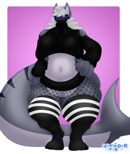 3_toes 4_fingers anthro big_tail clothed clothing crop_top feet female fingers fishnet_clothing fishnet_leggings fishnet_legwear fur grey_body hair hand_on_hip leggings legwear machine shirt standing stockings tail thigh_highs toes topwear white_hair sokoyo_owo fish hybrid mammal marine protogen shark hi_res